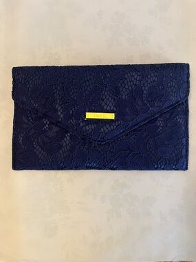 IMAN Midnight Navy Lace Envelope Clutch with Gold Plate